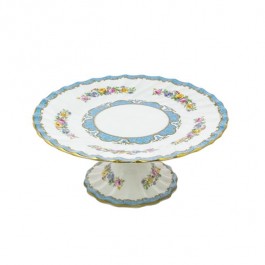 CAKE STAND-Bone China White & Blue W/Pink & Yellow Flowers