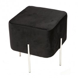 Sq Blk Plush Ottoman/Chrome