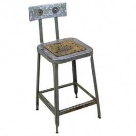 STOOL-Vintage Metal Industrial Shop Stool W/Galvanized Seat Back