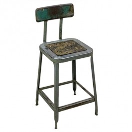 STOOL-Vintage Metal Industrial Stool W/Distressed Blue Back Rest