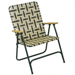LAWN CHAIR- Green & White Plaid W/Green Frame & Wood Arm Rests