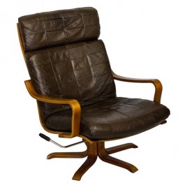 CHAIR-MCM Brown Leather Recliner W/Wood Arm