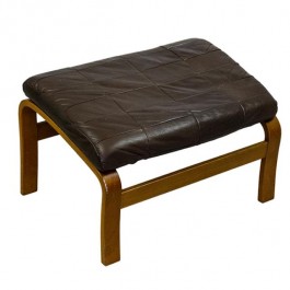 Ottoman-MCM Brown Leather W/Wood Base