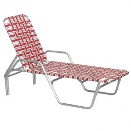 BEACH LOUNGE CHAIR-Aluminum Frame W/Red & White Nylon Webbing