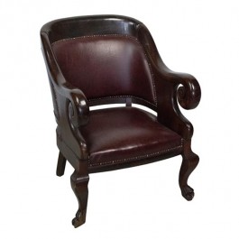 ARM CHAIR-Mahogany Scroll Frame W/Leather Back & Seat
