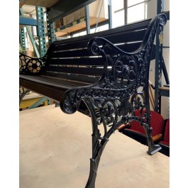 PARK BENCH-Dark Brown Wood W/Black Iron Scrollwork Frame