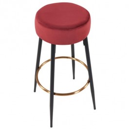 BAR STOOL-Round Burgundy Seat W/Black Metal Leg & Gold Accents