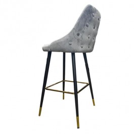 BAR STOOL-Grey Tuft Velvet W/Black Metal Leg & Gold Accents