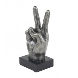 SCULPTURE-PEACE HAND-Faux Metal Dark Silver Finish W/Black Base