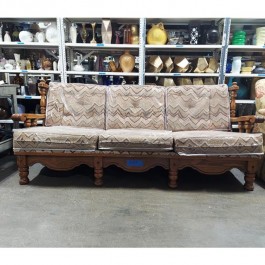 SOFA-70's Oak Turnwood Frame w/Chevron Pattern & Plastic Cover