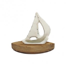 FIGURINE-Small White Metal Sailboat w/Wooden Base