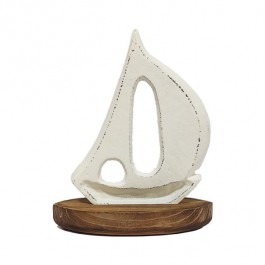 FIGURINE-Medium White Metal Sailboat w/Wooden Base