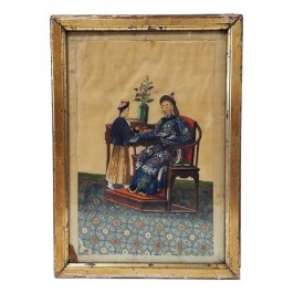 VINTAGE ASIAN FRAMED PAINTING 1- Man in Chair With Boy In Front of Him