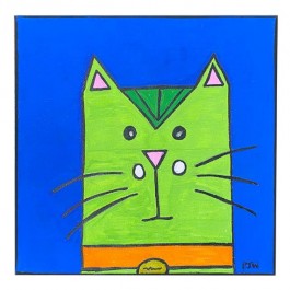 PAINTING-"Green Beret" Kitty-Green Cat on Blue Background