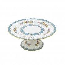 CAKE STAND-Bone China White & Blue W/Pink & Yellow Flowers