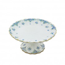 CAKE STAND-White Bone China W/Blue Flowers & Gold Accents