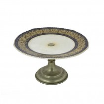 CAKE STAND-White Pocelain W/Black Rim & Gold Garland