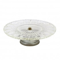 CAKE STAND-Pressed Glass W/Ribbed Sliver Base