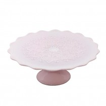 CAKE STAND-Pink Milk Glass W/Relief Pattern & Scalloped Edge.