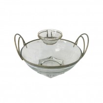 (25210336)BOWL-Vintage Chip & Dip Glass Bowl w|Brass Metal Wire Rim & Handles