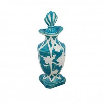 BOTTLE-Turquoise Porcelain W/Stopper-Raised White Floral Design