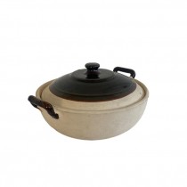 (25730022)POT-Beige Ceramic Pot w|Brown Glaze on Lid & Handles