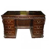 DESK-Mahogany Double Pedestal 6 Drawers w|Leaf Pattern & Column Side