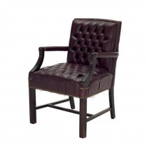 OFFICE CHAIR-Traditional Arm/Burgundy Tufted Leather W/Wood Frame