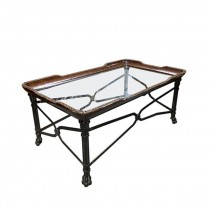 TABLE-Coffee W/Leather Edge & Glass Top/Metal Leg