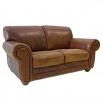 LOVESEAT-BROWN LEATHER-ROLL ARM
