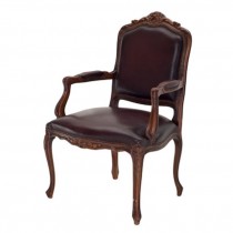 ARM CHAIR-French Walnut Frame W/Brown Leather Back & Seat