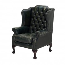 OFFICE CHAIR-Distressed Green Leather Tufted Arm/Nail Heads
