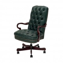 OFFICE CHAIR-Green Tufted Leather Arm W/Wood Frame on Wheels