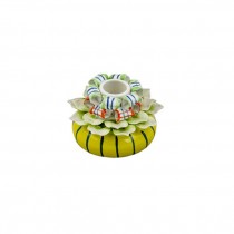 CANDLE HOLDER-Yellow W/Green Stripes & Flower Petals