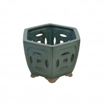 PLANTER-Green/Brown Glaze-Asian Coin Cutout on Sides