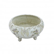 PLANTER-Round Ornate/Off White/Gold Detail W/Painted Pansies On Front