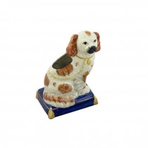PLANTER-Ceramic King Charles Terrier Sitting on Blue Pillow