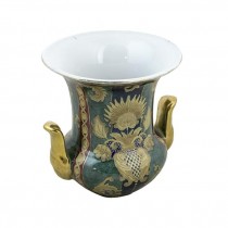 URN-Red,Navy, & Green W/Painted Gold Floral & Gold Handles