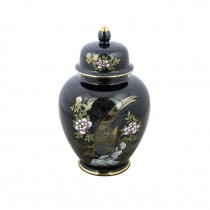GINGER JAR-Black with Floral Design & Gold Accents