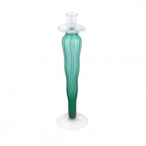 CANDLE HOLDER-Tall Green Glass W/Vertical Waves