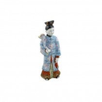 FIGURINE-Asian Woman in Blue Coat/Black Bun/Holding Lotus Flower