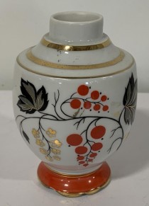 VASE-Small Ceramic Bud Vase-White w/Black Leaves/Branches & Red Berries