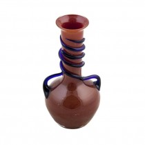 VASE-Artisan Brown Glass W/Navy Blue Swirls Along the Neck