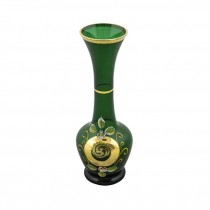 VASE-Green Glass W/Hand Painted Gold Accents & Flowers
