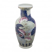 VASE-Oriental Navy Background W/Pink Lily Pad Flowers