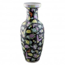 VASE-Oriental/Black W/Pink Butterflies & Yellow Flowers