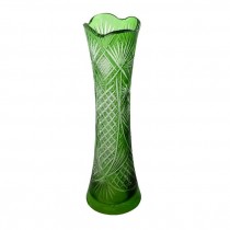 VASE-Tall Green Cut Glass W/Scalloped Edge