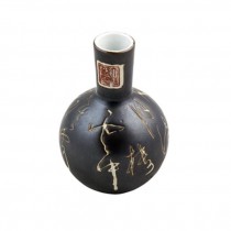 VASE-Black Ceramic Bud W/Asian Crest & Writing