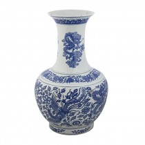 VASE-Tall Oriental Blue & White Floral Pattern