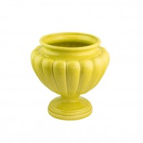 VASE-Yellow Glaze Urn Shape W/Vertical Lines & Pedestal Base